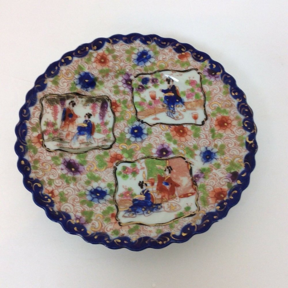 Asian Scalloped Edge Plate Blue Gold Geisha Floral